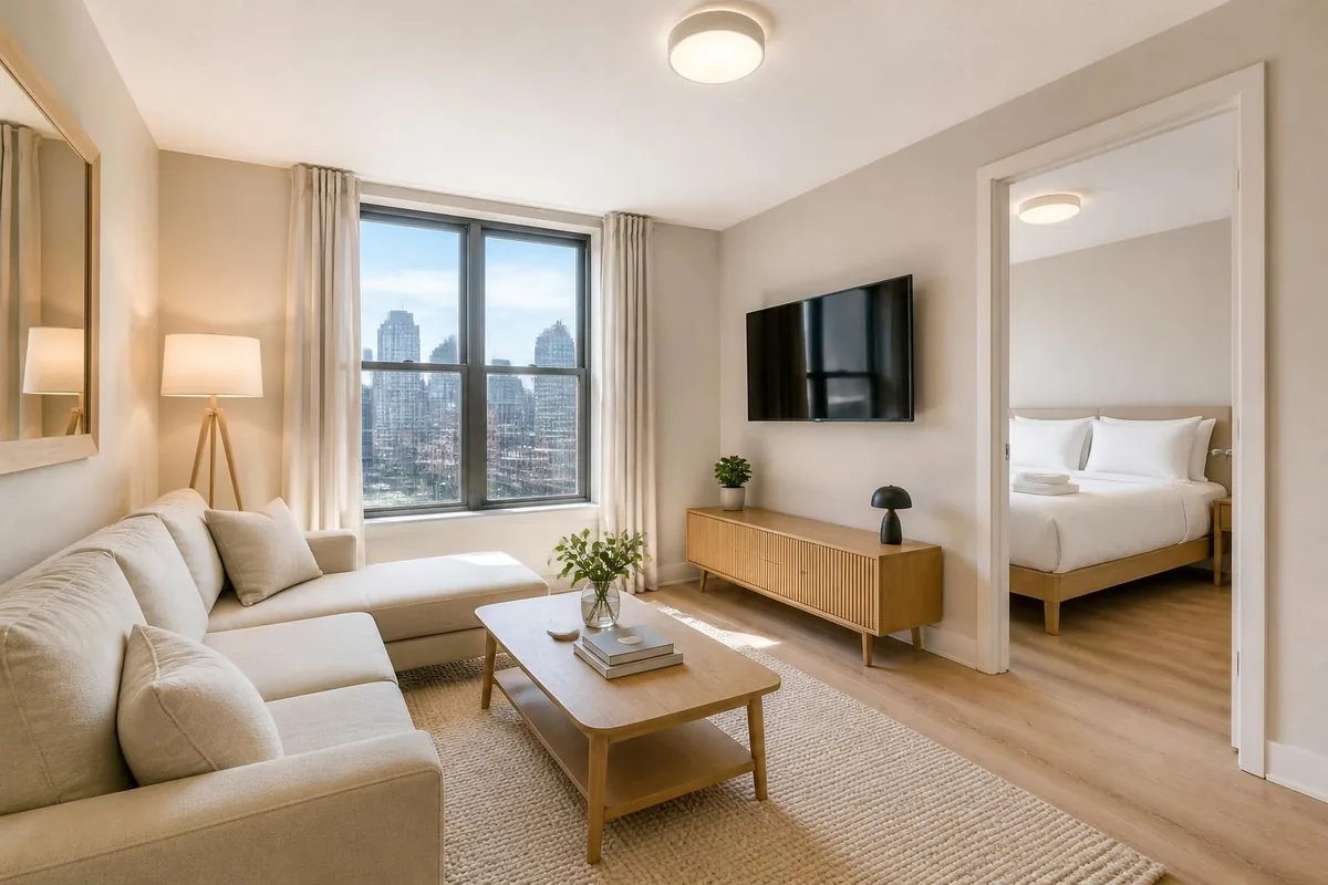 Bright clean Airbnb apartment living room with fresh white bedding — Zahra Cleaning Service turnover cleaning