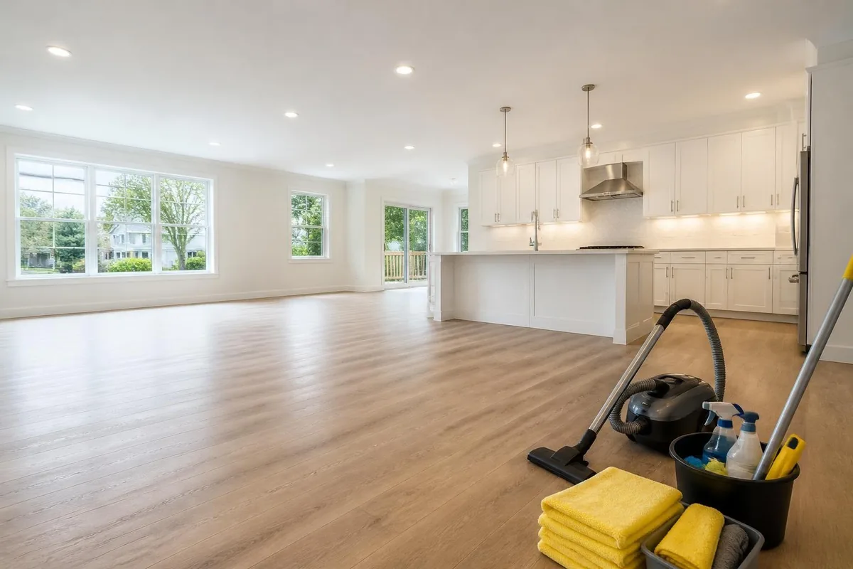 Spotless newly renovated kitchen with cleaning supplies — post-construction cleaning in Floral Park NY
