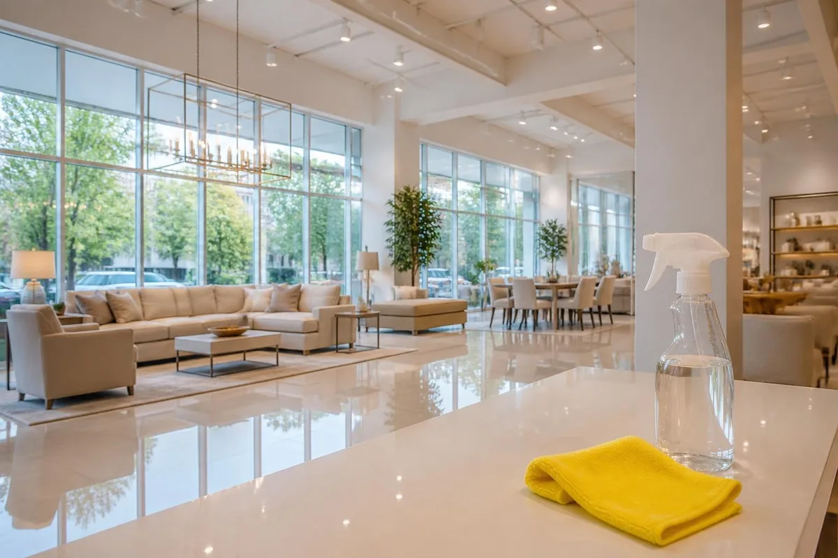Pristine furniture showroom with mirror-clean floors — showroom cleaning in South Floral Park NY